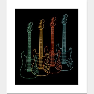 Four S-Style Electric Guitar Outlines Retro Color Posters and Art